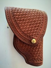 FLAP HOLSTER, STEER HIDE, STAMPED, BRITISH TAN, RIGHT