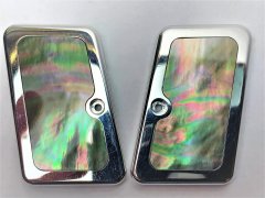 CARBON STEEL GRIP PLATES. TAHITIAN MOTHER OF PEARL INLAY. PAIR.