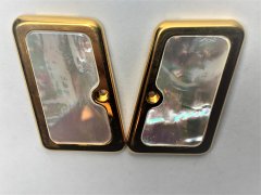 CARBON STEEL GRIP PLATES WITH AUSTRALIAN WHITE MOTHER OF PEARL INLAY. 24 KRT GOLD PLATE. PAIR